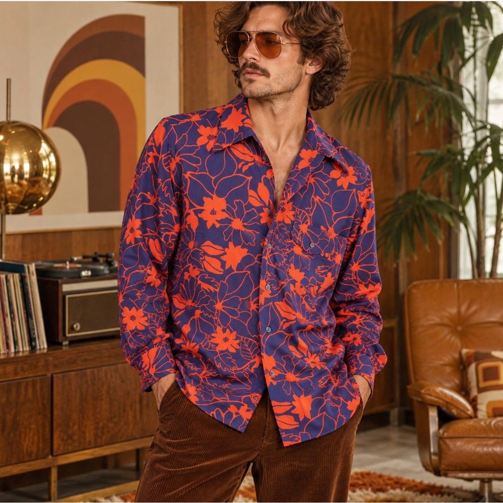 Vintage Capri Disco Shirt M 70s Floral Psychedelic Groovy Polyester Big Collar
